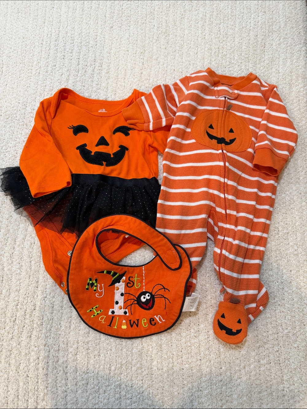 Baby’s First Halloween Bundle. Onesie Tutu, Footie Footed Pajamas and Bib.